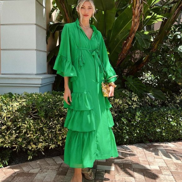 Iris Apfel X H&M MEDIUM Long Flounced Tassels Oversized Green Maxi Dress SMALL - Picture 2 of 10